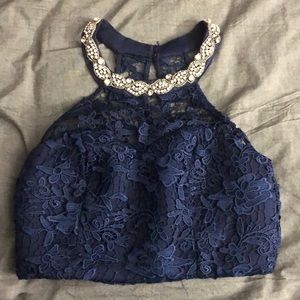 Navy Blue Crop Top with Jeweled Neckline (Prom)